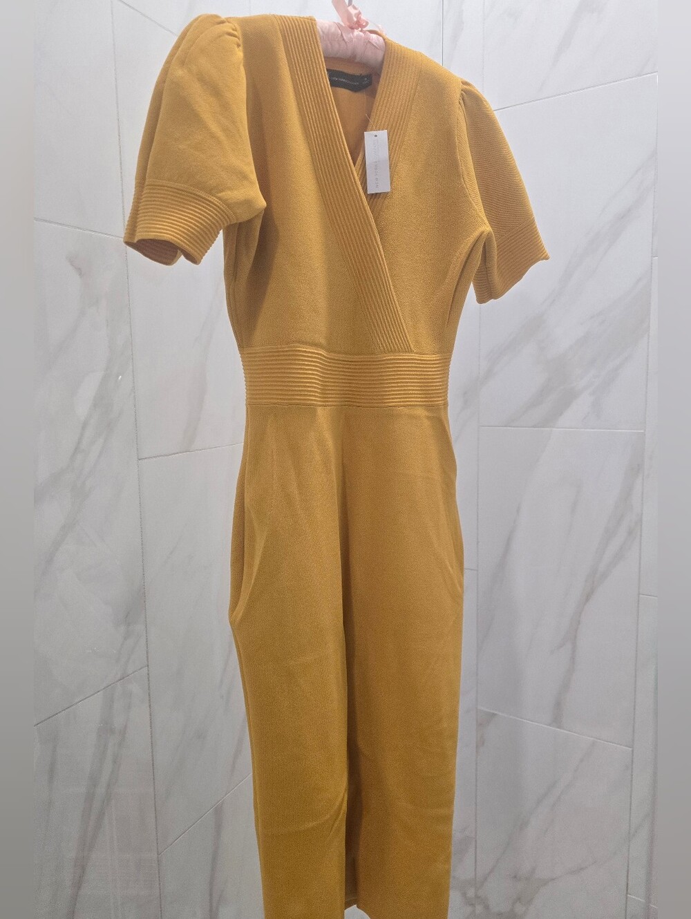 New York & Company Mustard Rib-Waist V-Neck Puff Sleeve Knit Midi Dress, NWT, S